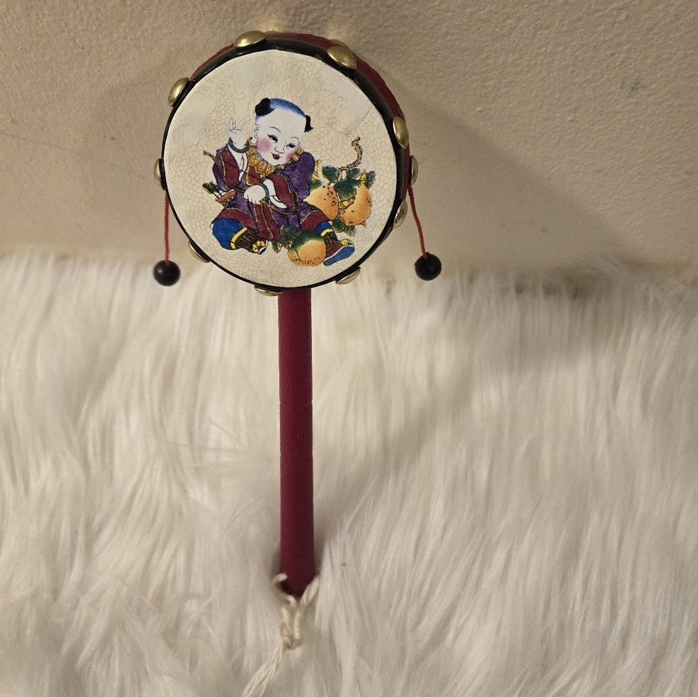 Chinese Spinning Wooden Pellet Rattle Stick Drum Musical Instrument 8"